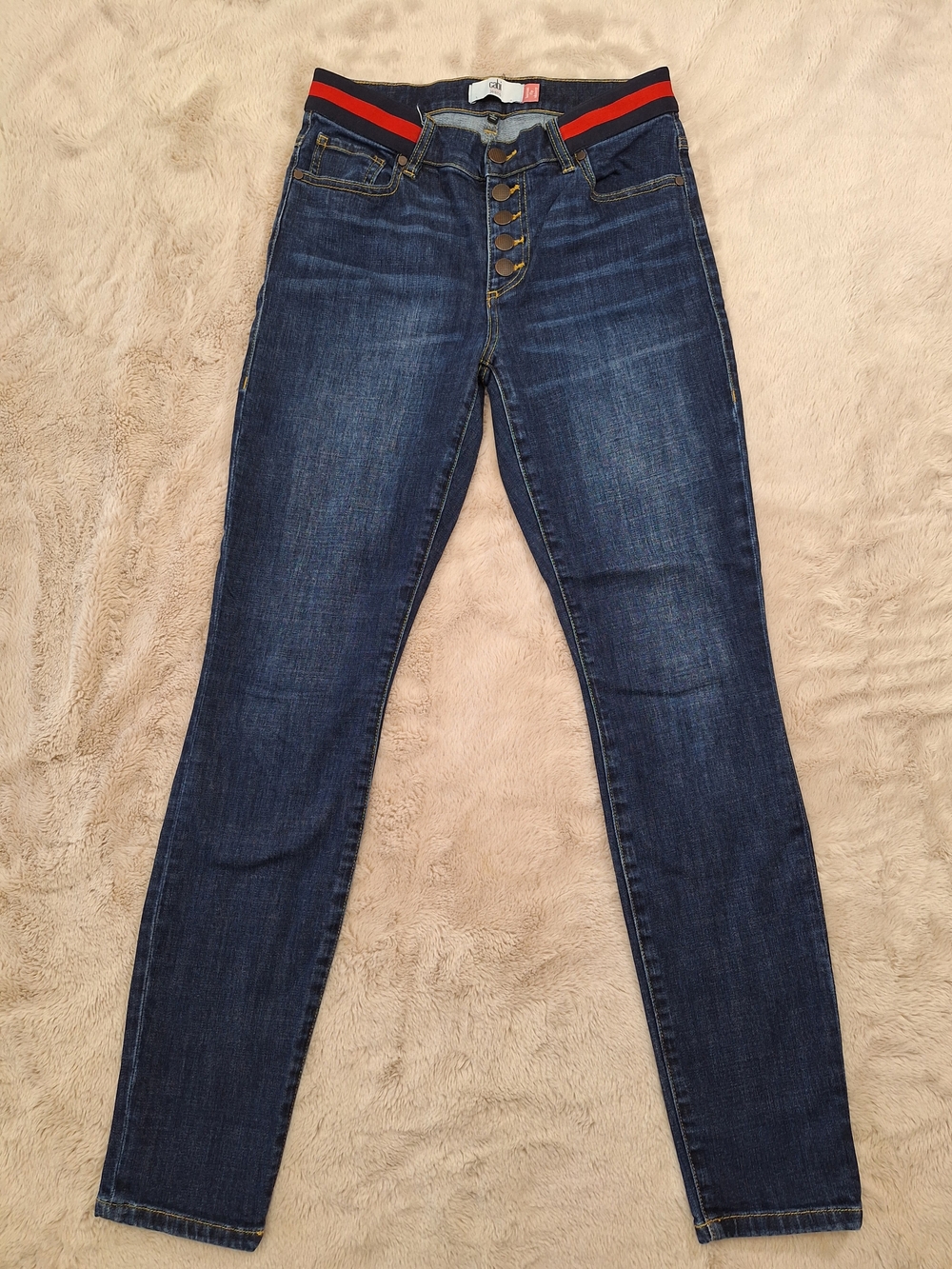 Cabi Simone Button Fly Skinny Jeans 3751 Dark Wash Striped Waistband Size 4